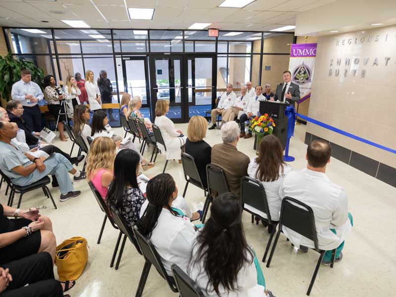 Don Hobbs, vice president of equipment sales at Henry Schein, Inc. and CEO of CRET, explains the importance of CRET's mission for dental schools and dental students at the grand opening ceremony of the Regions CRET Innovation Suite at the School of Dentistry.