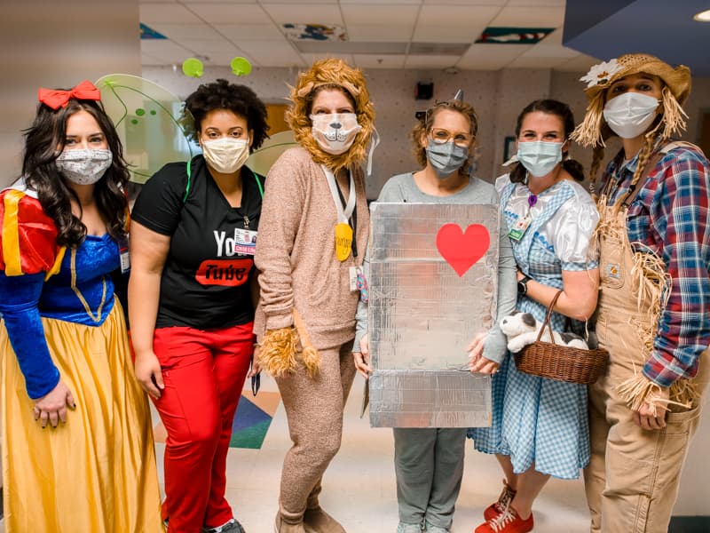 Bringing Halloween fun to Children's of Mississippi patients are, from left, Lindsey Miller, child life specialist Erinn Funches and hospital school teachers Kathy Rankin, Kathy Doonan, Allyn Anderson and Jessica Warren.