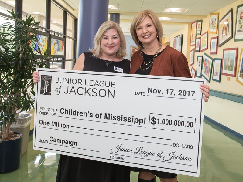 Woodward, right, thanks Junior League of Jackson President Heidi Noel for their $1 million in donations toward the Sanderson Tower’s construction. 