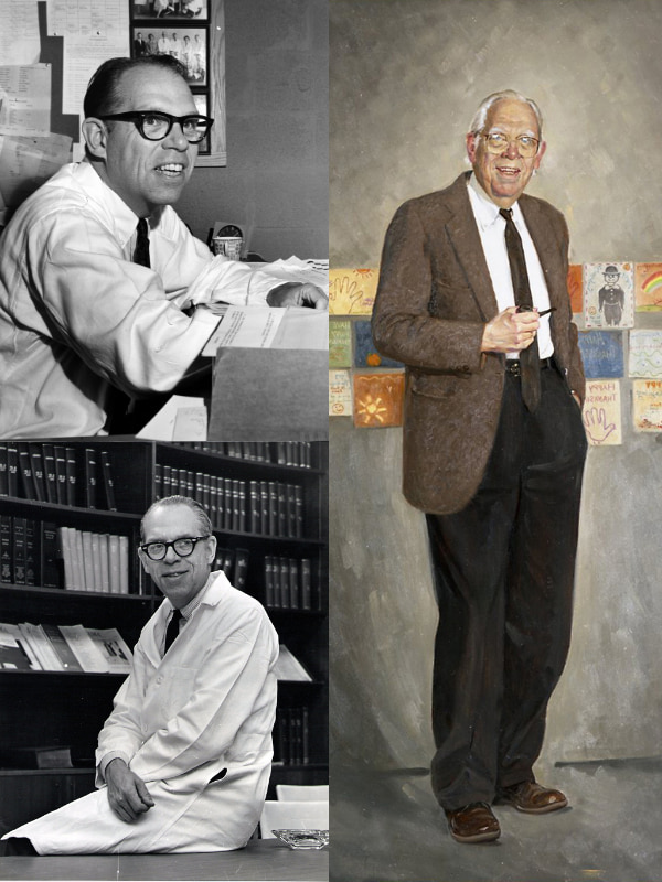 UMMC’s first pediatrics chair, Dr. Blair E. Batson, is shown in file photos and in his portrait displayed in the Batson Tower.