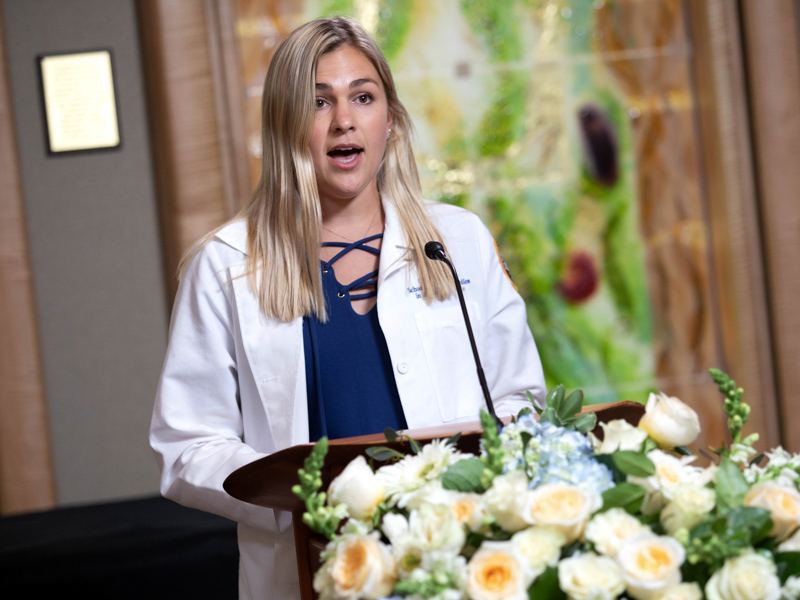 Caroline Mueller, fourth-year clinical anatomy student and class representative for UMMC School of Graduate Studies in the Health Sciences, speaks during a live stream ceremony of thanksgiving in memory of anatomical donors Tuesday, May 11, 2021.