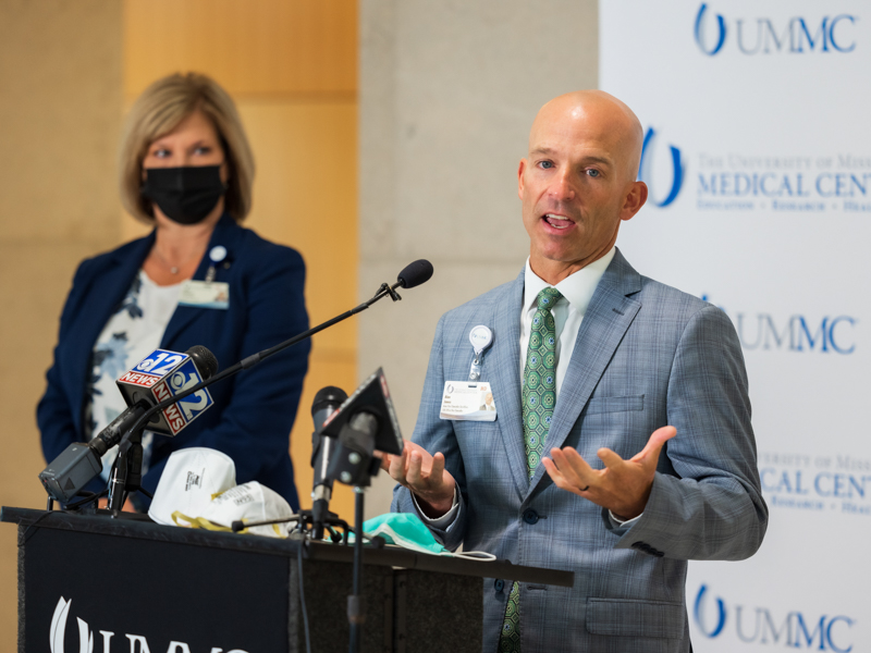 Dr. Alan Jones, associate vice chancellor for clinical affairs, tells media during a July 16 news conference that COVID-19 hospitalizations at UMMC are substantially increasing.