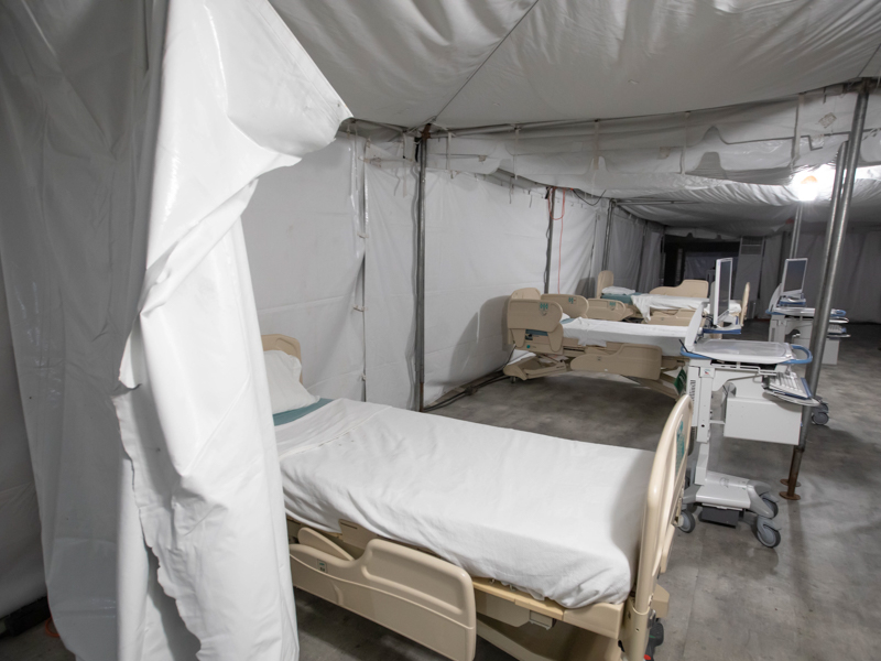 Hospital beds line the COVID-19 field hospital, which is tentatively set to open Friday before noon.