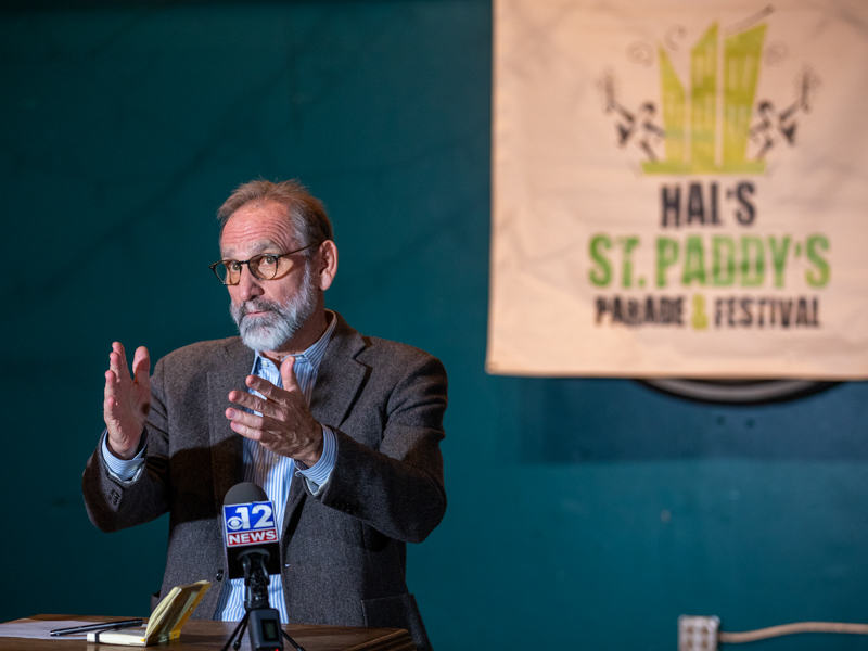Ha's St. Paddy's Parade & Festival founder Malcolm White discusses 2022 plans at a news conference Feb. 8.