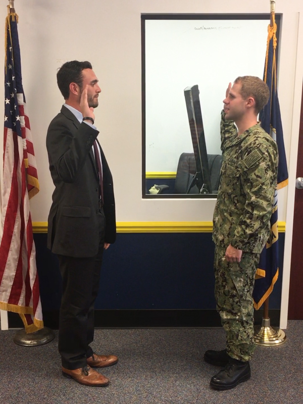 In a personal swearing-in ceremony, Dodd takes the oath of office for the U.S. Navy in April 2018.
