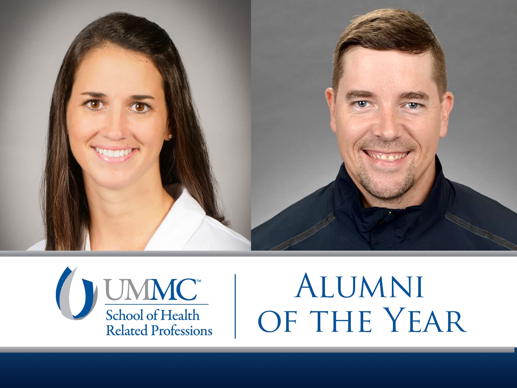 Dr. Randi Moak Richardson, left, a 2010 graduate of the doctor of physical therapy program, is the SHRP Early Career Achievement Award recipient, and Charles Swearingen, a 2005 paramedicine graduate, is the school’s Alumnus of the Year.