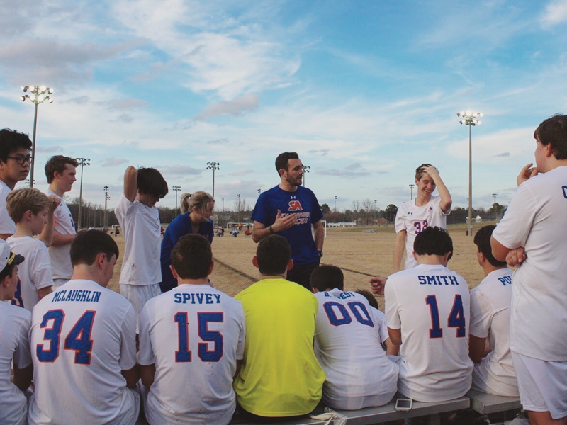 Coach Dodd gives the Starkville Academy boys soccer team some pointers in the spring of 2018.