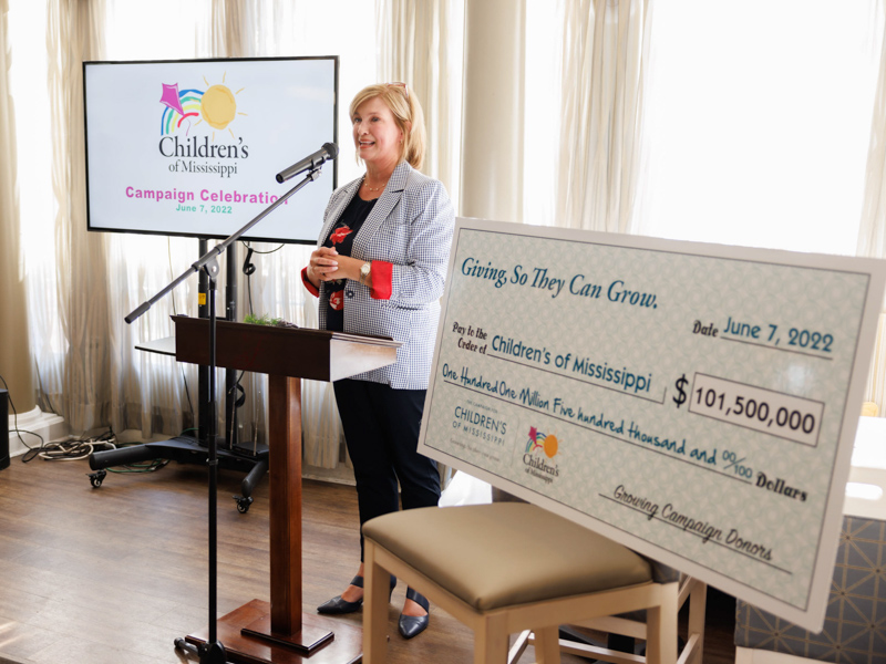 Dr. LouAnn Woodward, vice chancellor for health affairs and dean of the School of Medicine, speaks at a reception celebrating the Campaign for Children's of Mississippi surpassing its $100 million goal. Joe Ellis/ UMMC Communications 