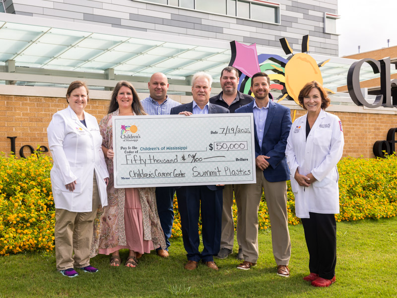 Celebrating the $50,000 donation from Summit Plastics and its employees are, from left, Dr. Jennifer Cox, Summit Plastics’ logistics coordinator Michelle Chambers, maintenance supervisor Will Jones, President Jack Shields, general manager Evan Brabham and chief financial officer Ty Pulliam, and Dr. Mary Taylor.