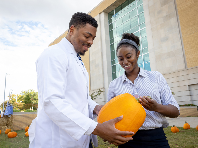 Third-year medical students Torrye Evans II and Katelyn Jackson pick a pumpkin from the UMMC pumpkin patch. Jay Ferchaud/ UMMC Communications 