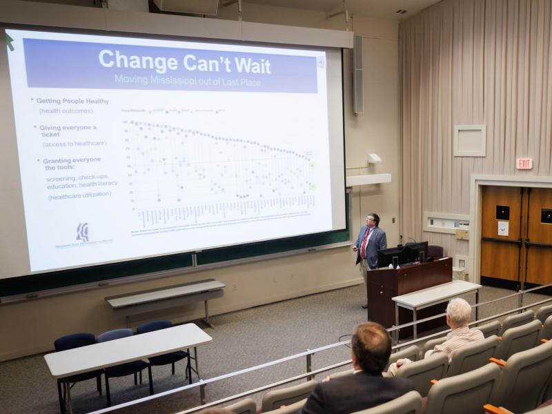State Health Officer Dr. Daniel Edney delivers his "State of the State: A Public Health Perspective" presentation Oct. 31, part of the Vice Chancellor's Lecture Series. Joe Ellis/ UMMC Communications 