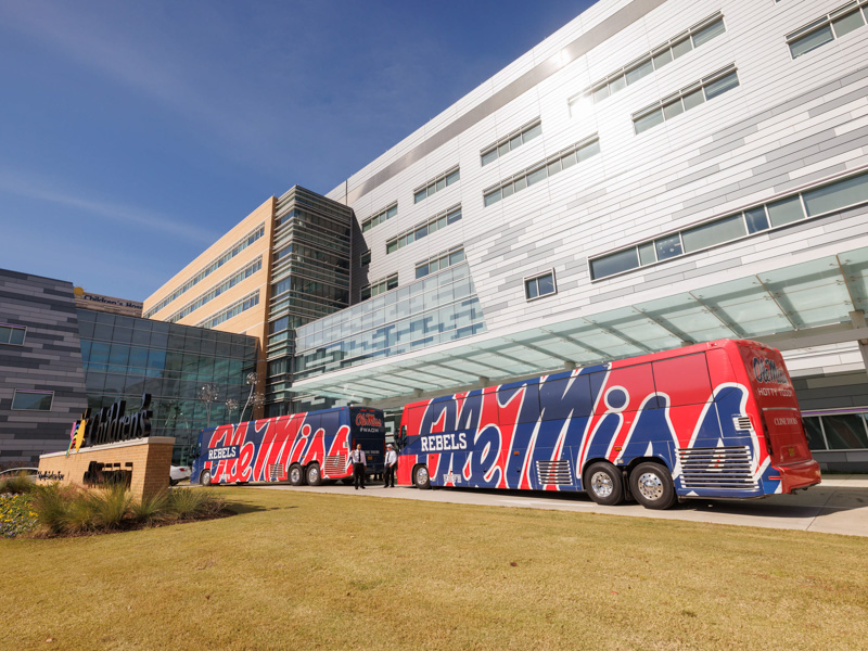 The College World Series-winning Ole Miss baseball team paid a visit to patients at the state's only children's hospital, Children's of Mississippi. Joe Ellis/ UMMC Communications 