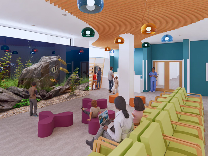 The renovated waiting area of the Center for Cancer and Blood Disorders is shown in this architectural rendering from CDFL. Jay Ferchaud/ UMMC Communications