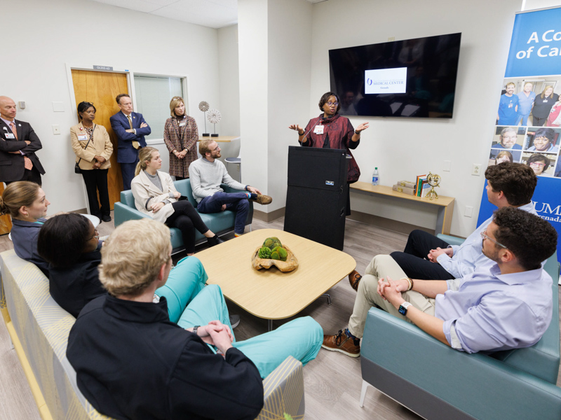 Dr. Loretta Jackson-Williams, vice dean of the University of Mississippi School of Medicine, speaks to medical students and others gathered in the refurbished student lounge at UMMC Grenada.