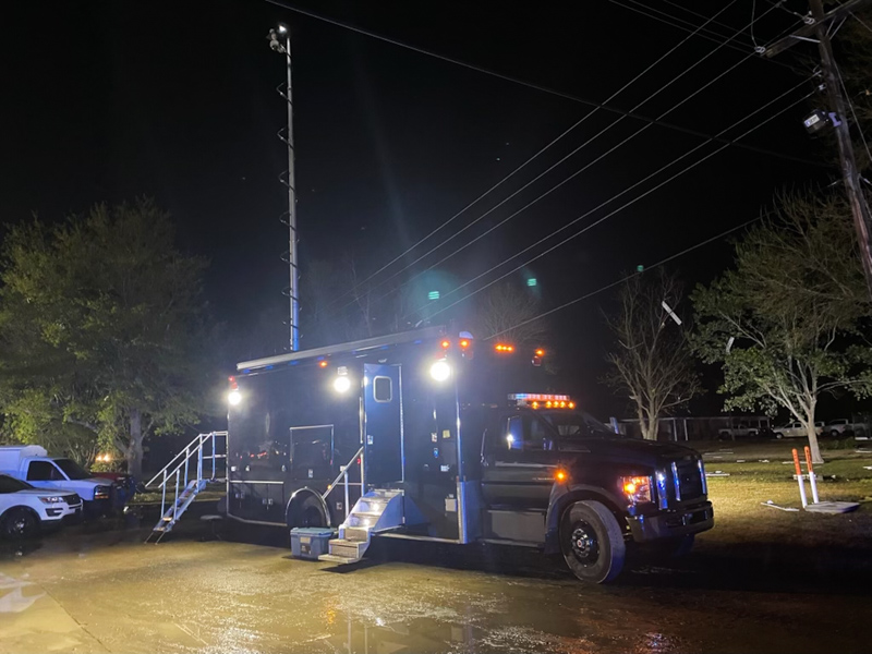 A command vehicle from the Mississippi Center for Emergency Services set up in Rolling Fork in the storm's wake.
