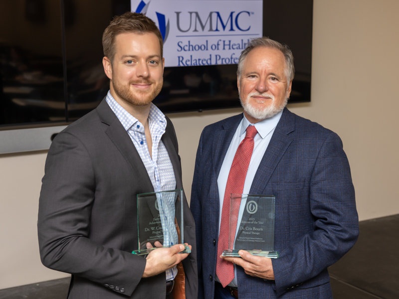 Dr. Cody Pannell, from left, SHRP Early Career Achievement Award winner for 2023, and Dr. Cris Bourn, SHRP Alumnus of the Year for 2023