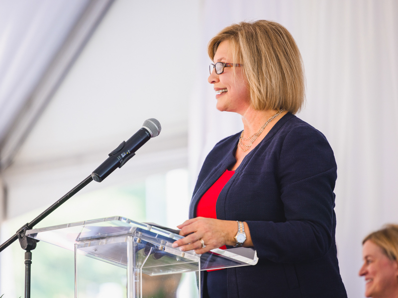 Dr. LouAnn Woodward, vice chancellor for health affairs and dean of the School of Medicine, welcomes dignitaries to the Medical Center during the School of Nursing groundbreaking ceremony. Lindsay McMurtray/ UMMC Communications 