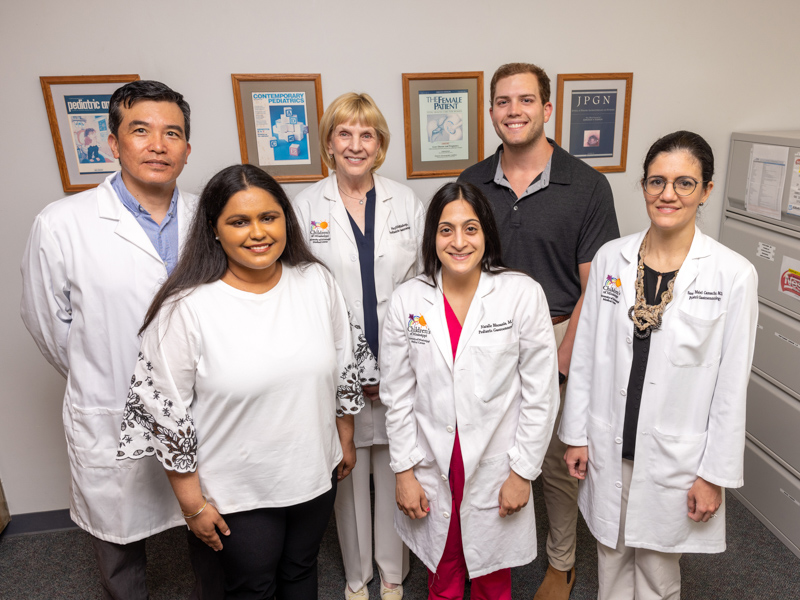 The UMMC Mapping the Gut research team includes, from left, Dr. Hua Liu, assistant professor of pediatric gastroenterology; researcher Neha Dhaliwal; Bishop; Bhesania; Thomas Wichman, medical student/research assistant; and Dr. Sandra Camacho, assistant professor of pediatric gastroenterology.