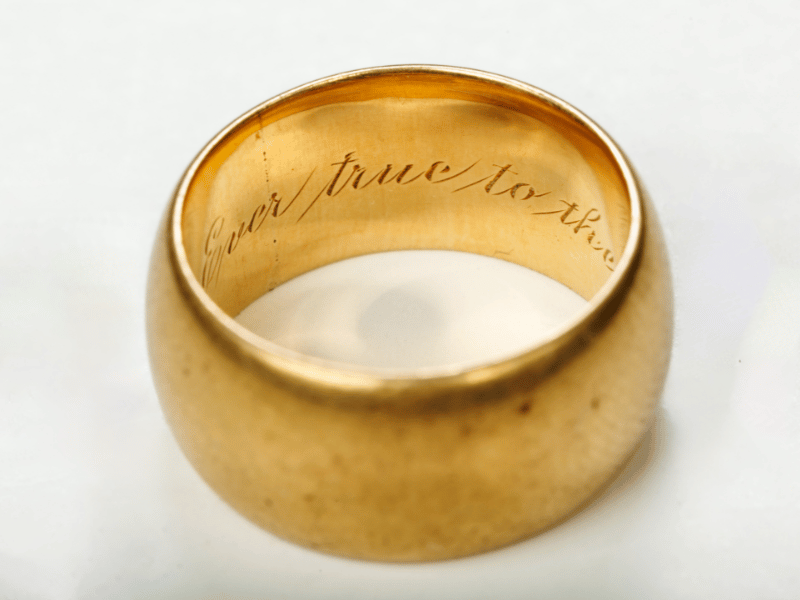 "Ever true to thee" is inscribed on this 18-carat gold wedding band, found among some skeletal remains uncovered during exhumations for the Asylum Hill Project.