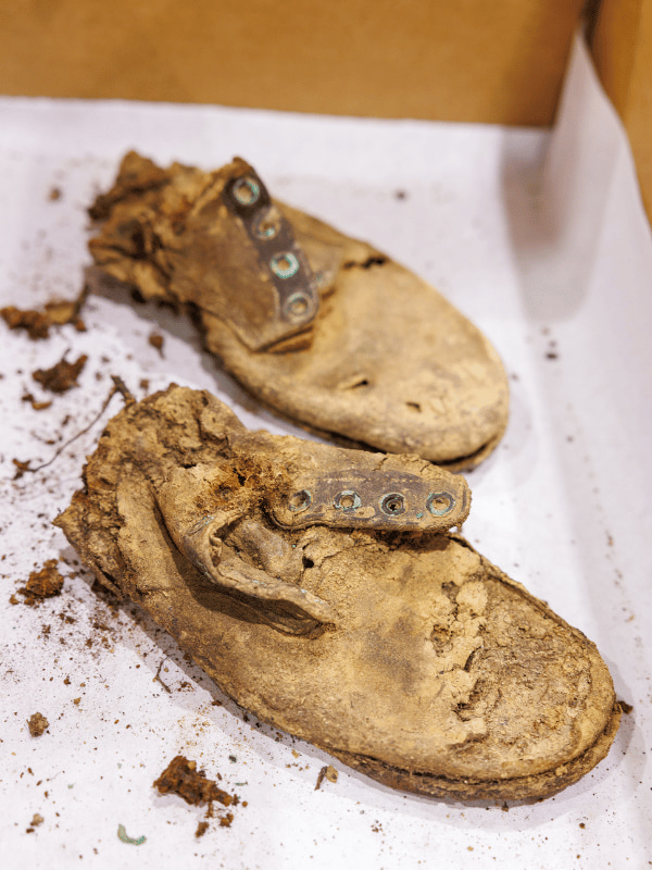 Archaeologists on the Asylum Hill Project recovered this pair of work boots, about three-quarters intact, from one of the graves.