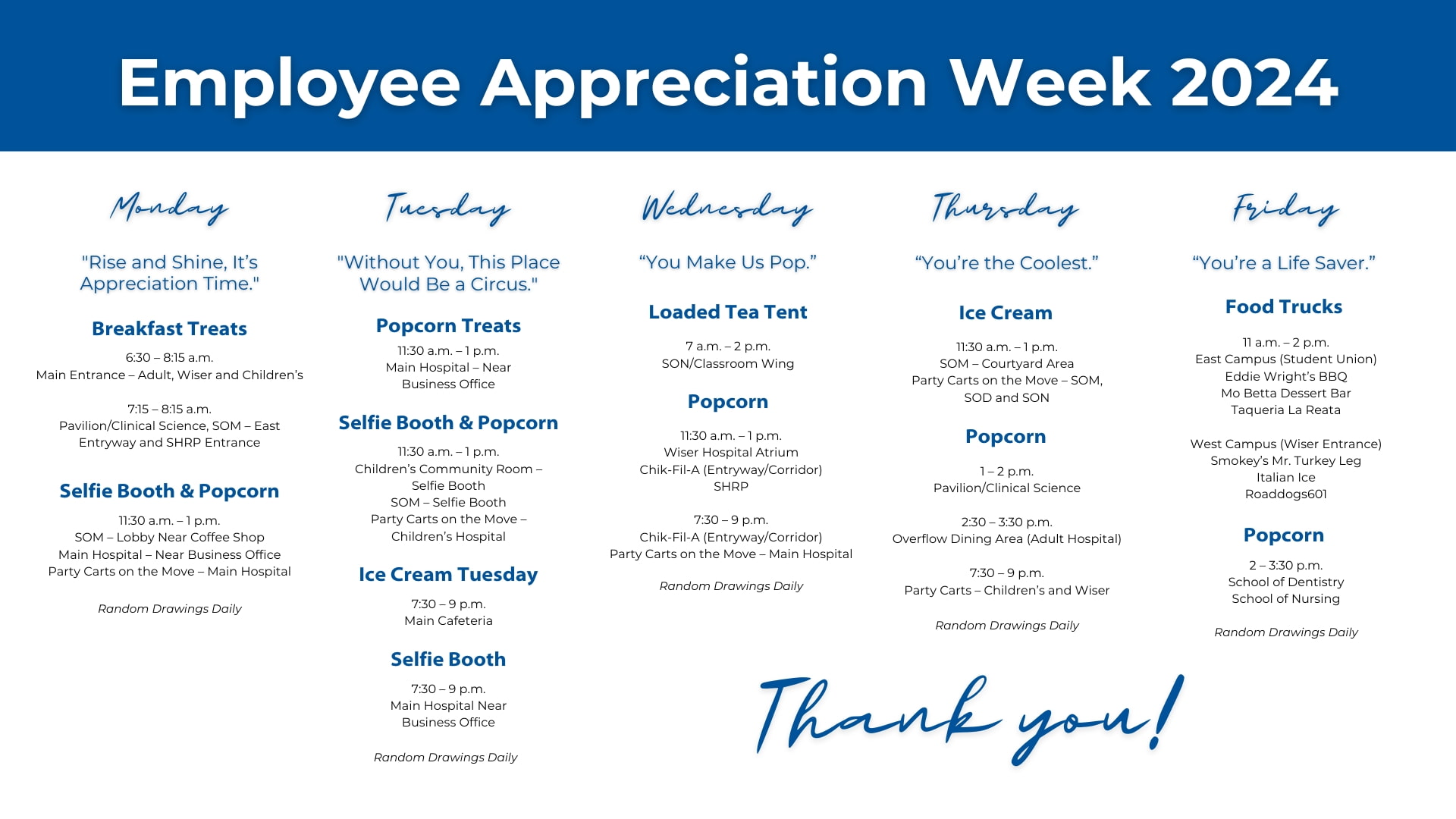 Calendar of events for employee appreciation week.