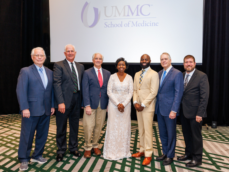 The 2024 Medical Alumni Awards and Hall of Fame Honorees are, from left, Dr. Thad Waites, Dr. Alexander Haick Jr., Dr. Thomas Skelton, Dr. Joyce Olutade, Dr. Justin Turner and Dr. Van Lackey, along with Dr. Jacques Arceneaux, who accepted on behalf of his late father, Dr. J. Lincoln Arceneaux.