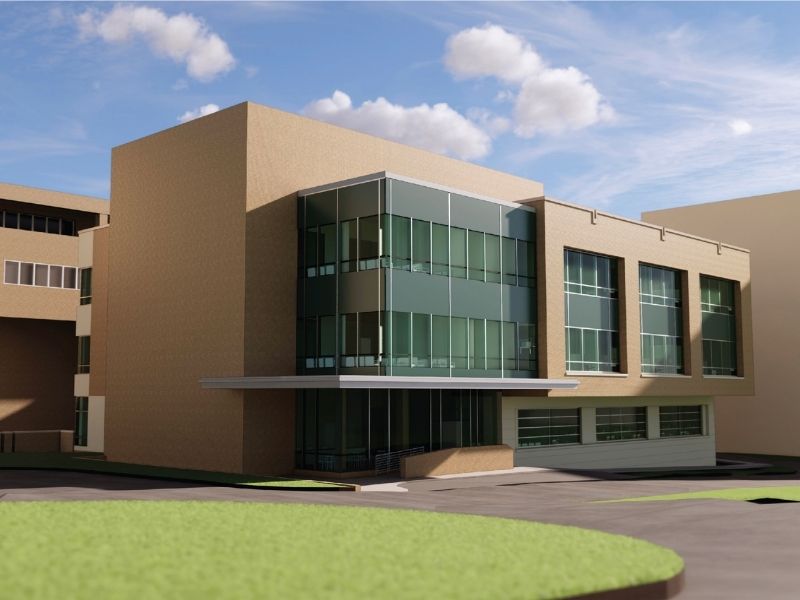 An artistic digital rendering depicts the future School of Dentistry clinical building.