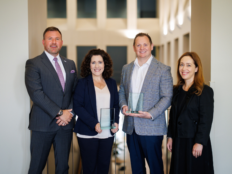 Dr. Jay Garner, dean of the School of Health Related Professions, is joined, from left, by Dr. Kristi Moore, 2025 Alumnus of the Year, Dr. Luke Bynum, Early Career Achievement Award winner, and Dr. Whitney Bondurant, SHRP Alumni Board President.