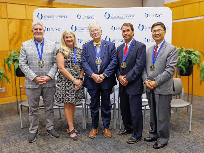 Recipients of the 2025 Guyton Professorships are, from left, Dr. Michael Garrett, Dr. Babbette LaMarca, Dr. Gailen Marshall, Dr. David Stec and Dr. Lei Zhang.