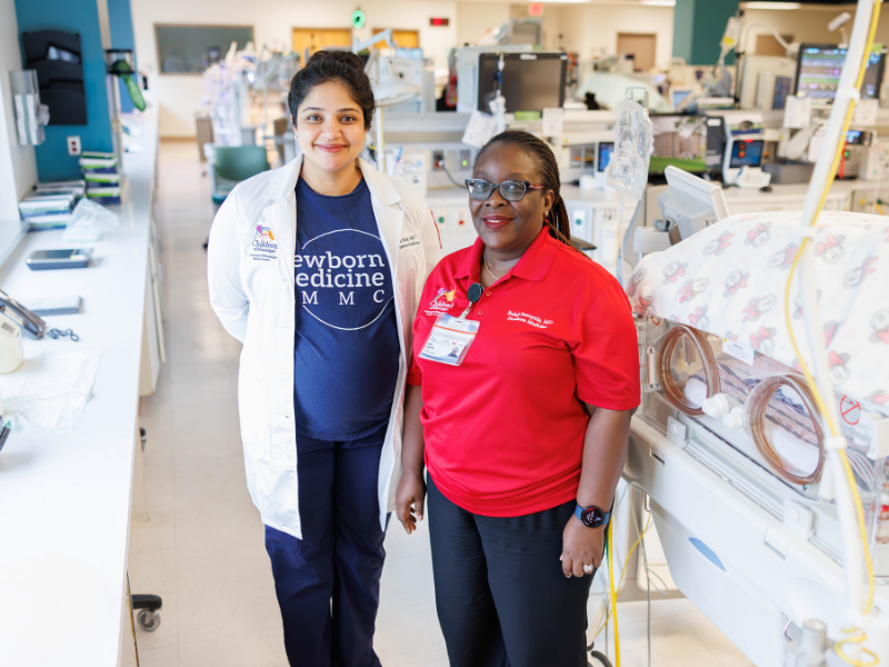 Dr. Ira Holla, left, and Dr. Mobolaji Famuyide are pictured at the Children's of Mississippi neonatal intensive care unit at Wiser Hospital for Women and Infants.