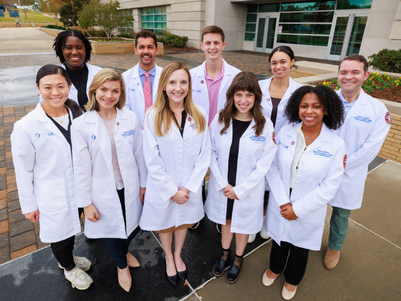 Members of the MD-PhD class are, front from left, Caroline Sit, Shelley Edwards, Madeline Griffin, Madison Hansen and Assata DeMyers; and back from left, Hayley Murphy, Xavier Person, Jack Berman, Meredith Johnson and Garner Fincher.