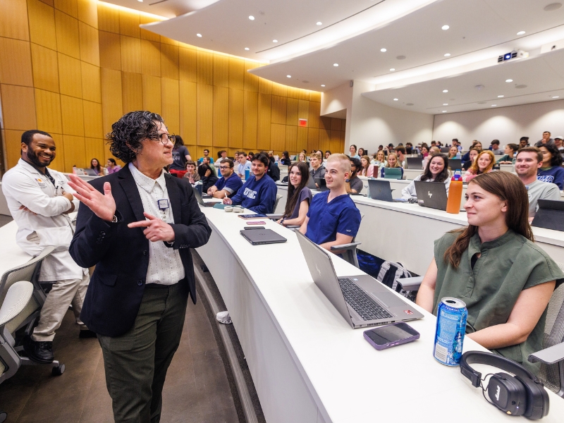 Dr. Norma Ojeda, chair of the Department of Advanced Biomedical Education, teaches an Introduction to the Medical Profession class to medical students.