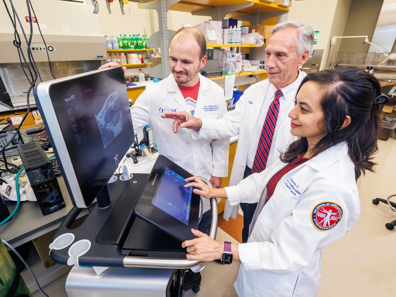 A new generation of physiologists tapping into the expertise of Dr. John Hall, center, include, from left, Dr. Alan Mouton and Dr. Ana Omoto. Both are UMMC assistant professors of physiology and biophysics.