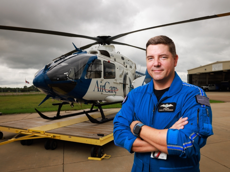 Flight paramedic Charlie Swearingen stands outside the AirCare base in Columbus.