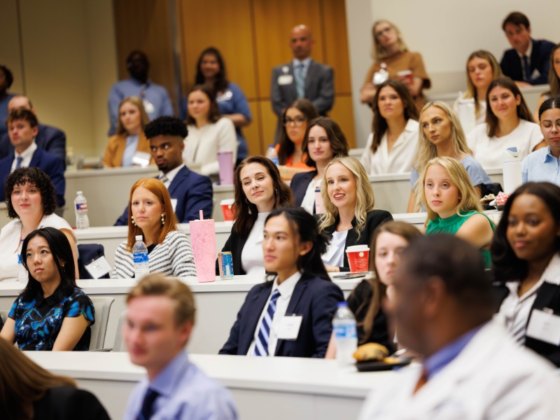 The School of Medicine class of 2029 receives an overview of their academic year during orientation in August. The entering class numbers 170, with total medical school enrollment recorded at 657 students.