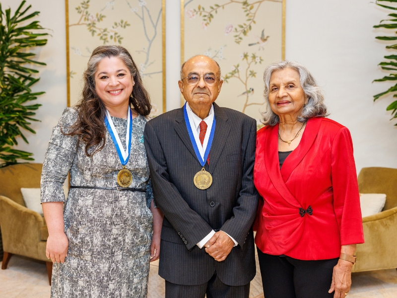 Dr. Felicitas Koller, inaugural recipient of the Hardy-Raju Chair of Transplant Surgery, pictured with Dr. Seshadri Raju and his wife, Dr. Sybil Raju.