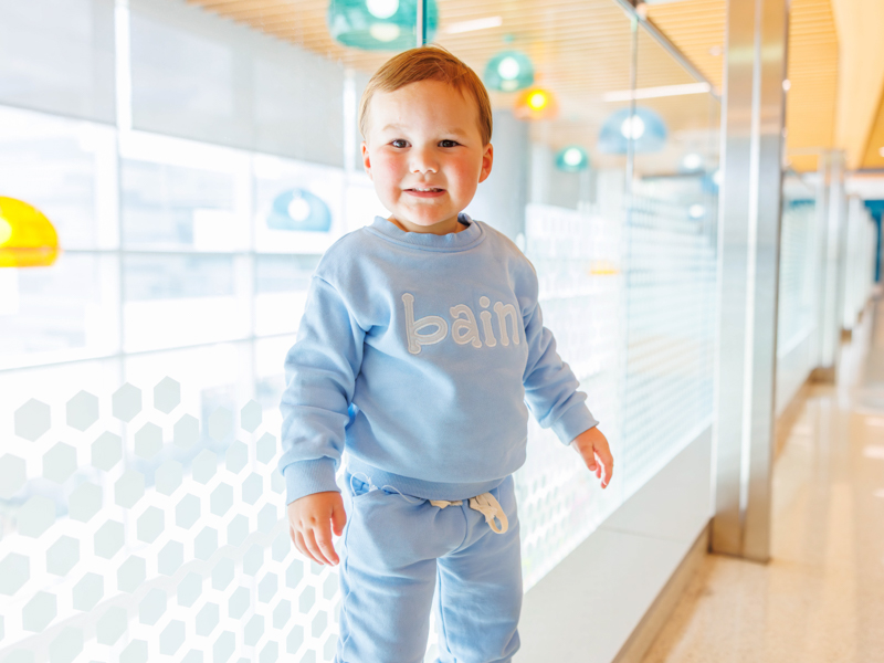 Bain Brandon, 2, hangs out in the Sanderson Tower clinics at the children's hospital.