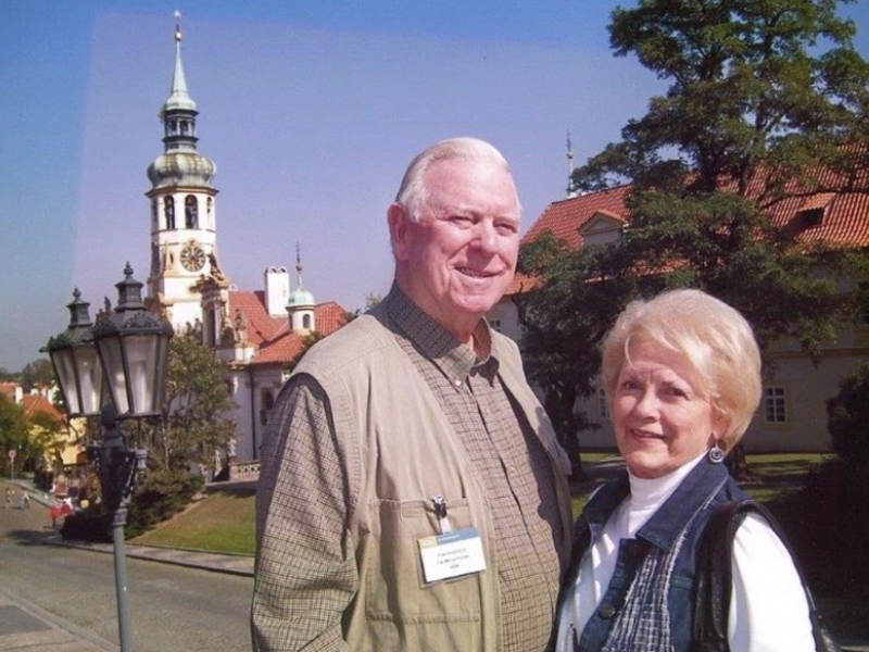 Jean Adams is pictured with Fred Adams on a trip to Prague.