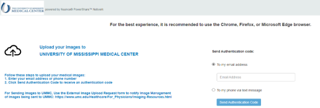 Screen shot of upload interface with the headline Upload your images to University of Mississippi Medical Center