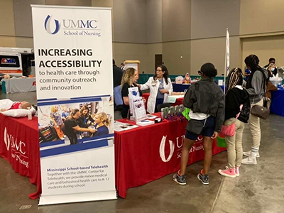 The School of Nursing recruitment and simulation teams held an interactive booth at the Pathways2Possibilities Central Mississippi Career Expo.